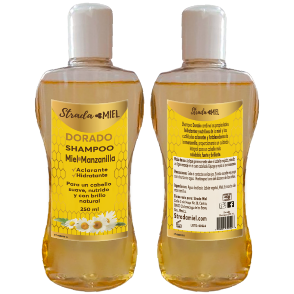 STRADA MIEL _SHAMPOO DORADO MANZANILLA CON MIEL VENTA TIENDA ONLINE VISTA FRONTAL Y TRASERA